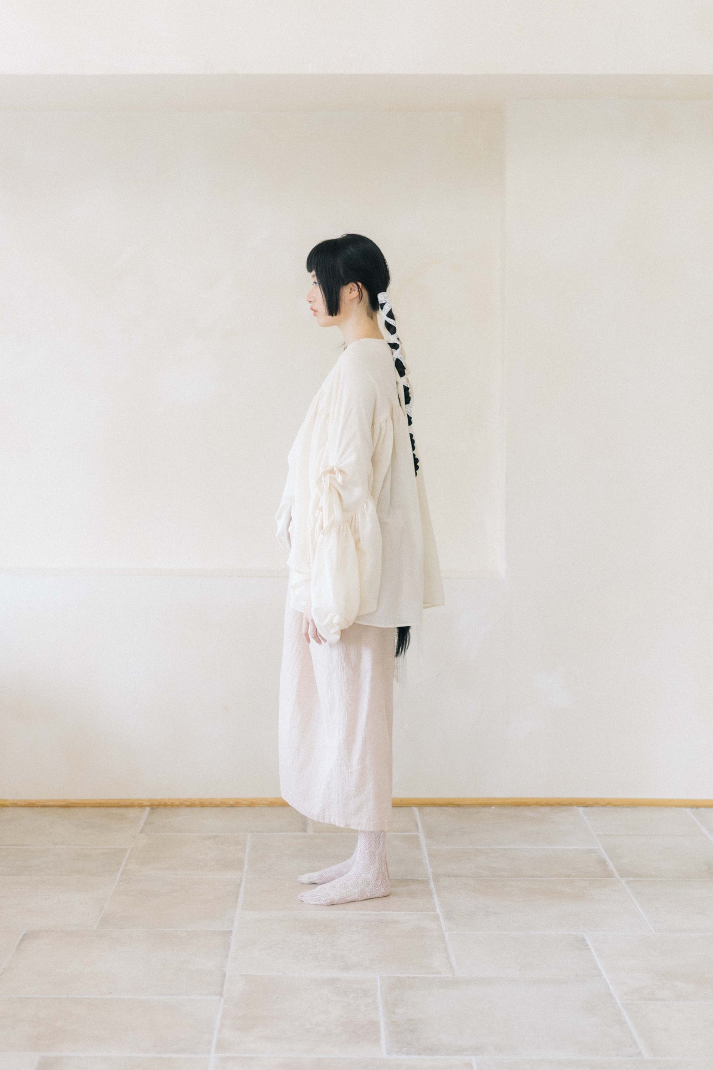 wings of clouds - wide sleeved with gathering double layers top - beige (in-stock)