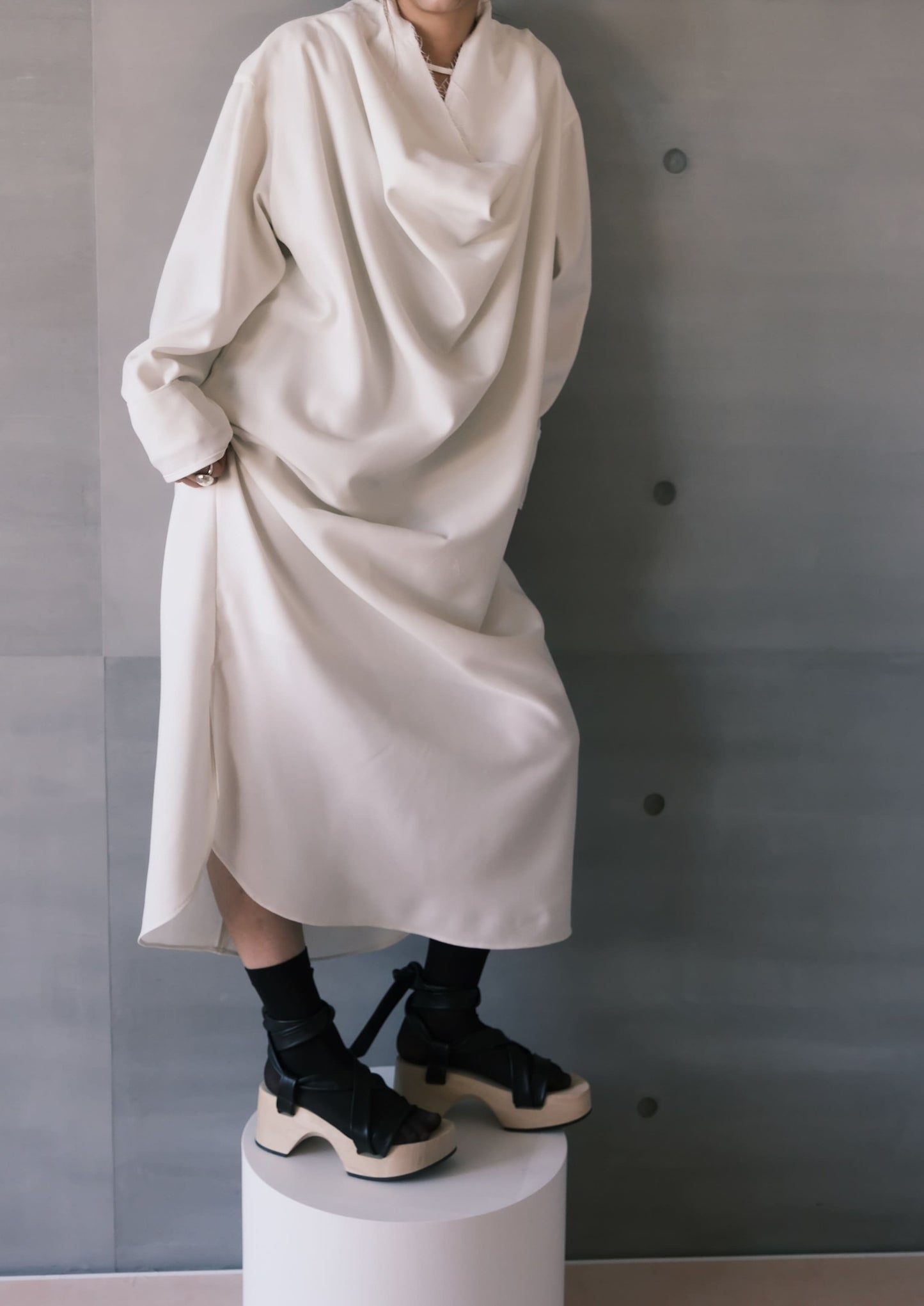 oversize draped-neckline long sleeves dress (in-stock)