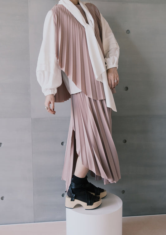 raw-edge curved-hem pleated skirt - dusty pink